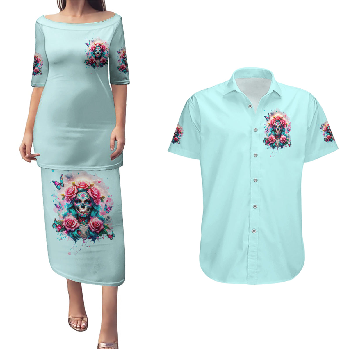 Rose Skull Couples Matching Puletasi and Hawaiian Shirt The Good Girl In Me Got Tired Of The Bullshit - Wonder Print Shop