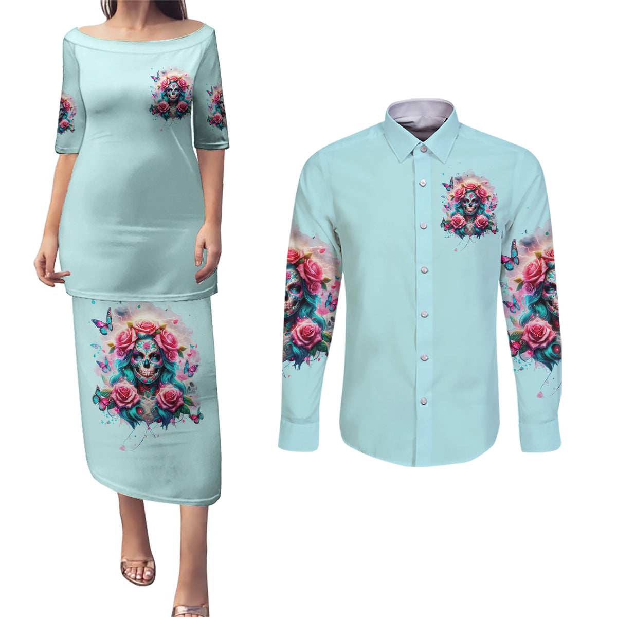 Rose Skull Couples Matching Puletasi and Long Sleeve Button Shirt The Good Girl In Me Got Tired Of The Bullshit - Wonder Print Shop