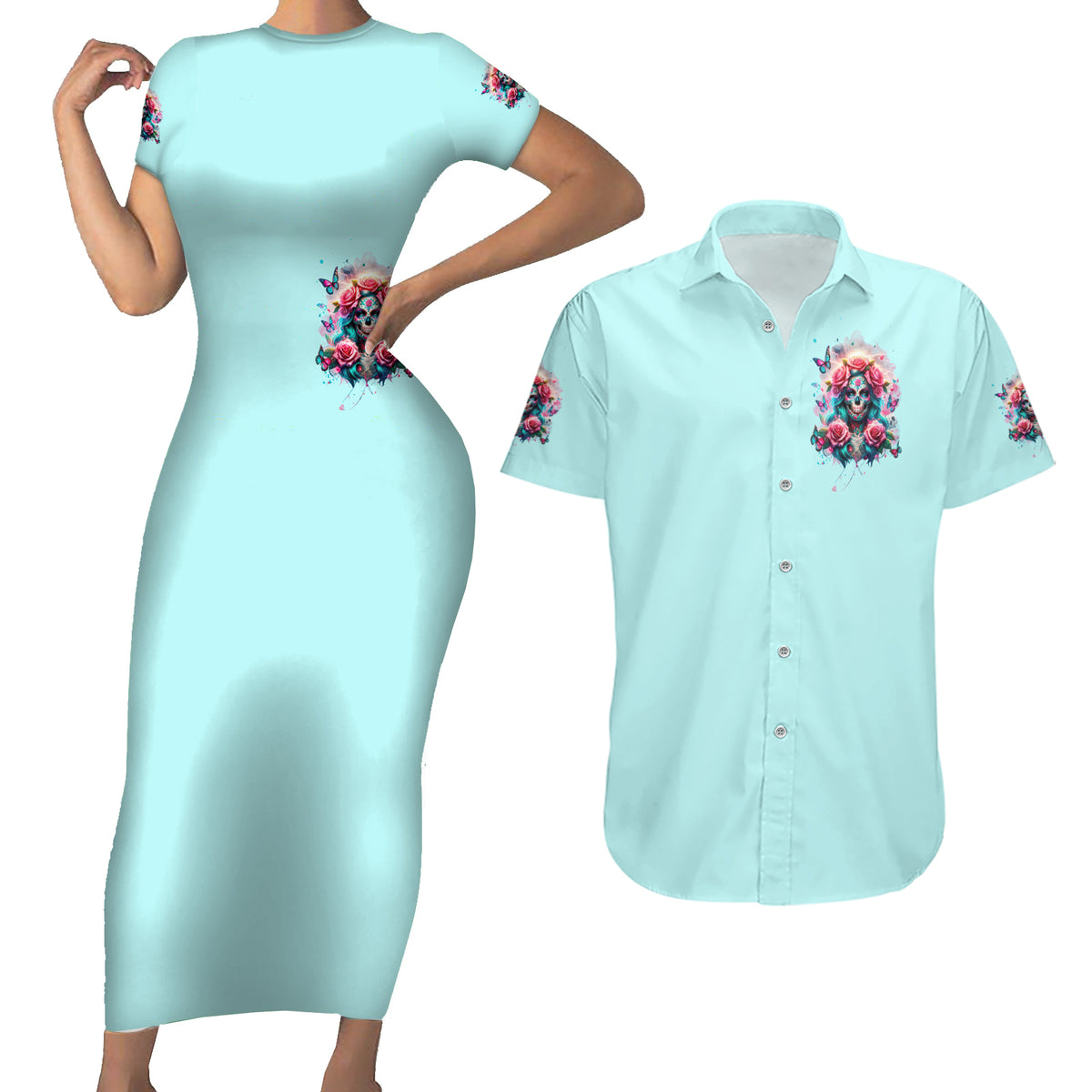 Rose Skull Couples Matching Short Sleeve Bodycon Dress and Hawaiian Shirt The Good Girl In Me Got Tired Of The Bullshit - Wonder Print Shop