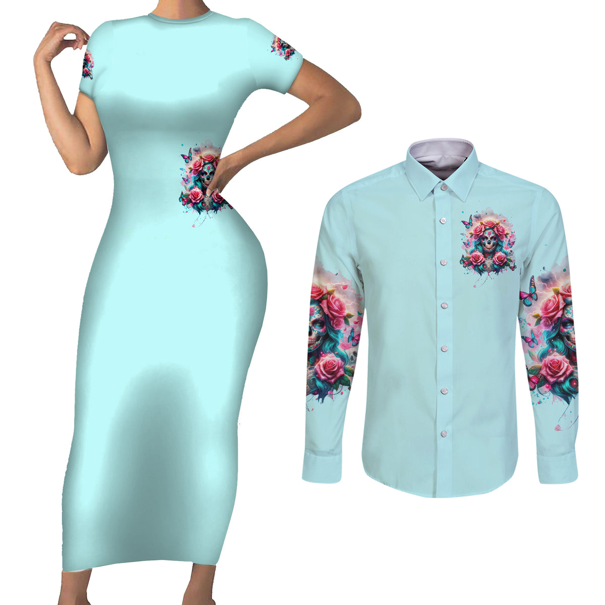 Rose Skull Couples Matching Short Sleeve Bodycon Dress and Long Sleeve Button Shirt The Good Girl In Me Got Tired Of The Bullshit - Wonder Print Shop