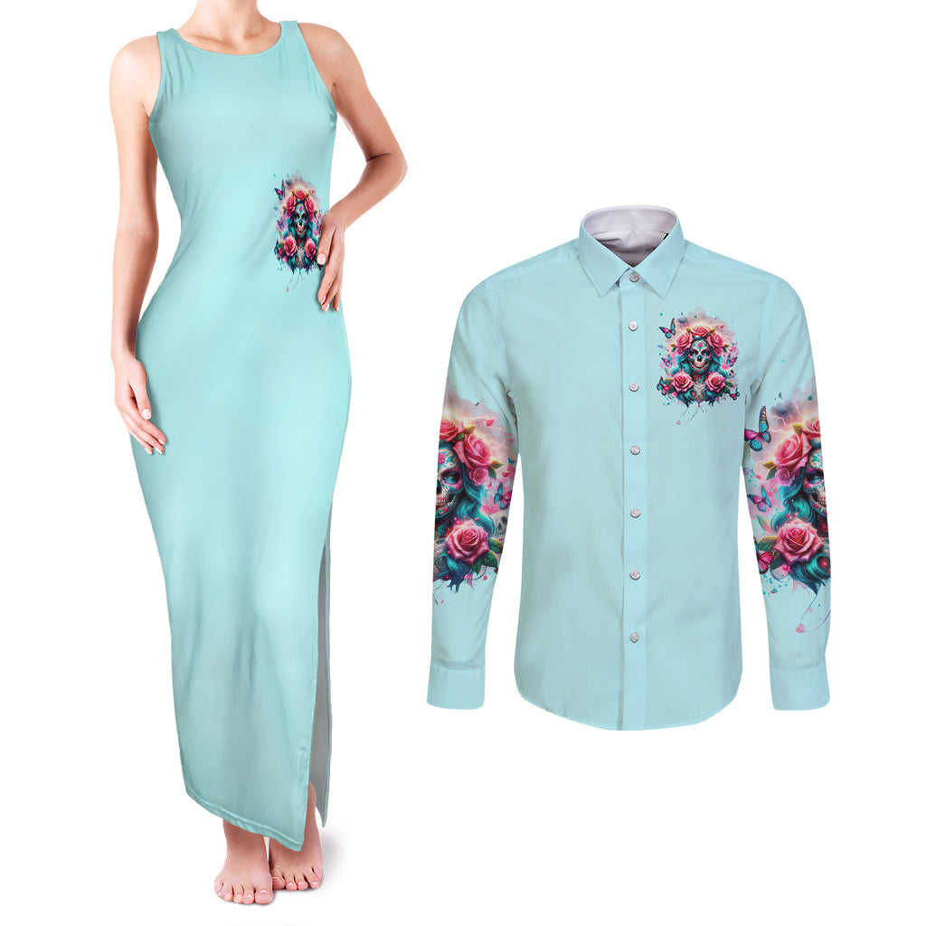 Rose Skull Couples Matching Tank Maxi Dress and Long Sleeve Button Shirt The Good Girl In Me Got Tired Of The Bullshit - Wonder Print Shop