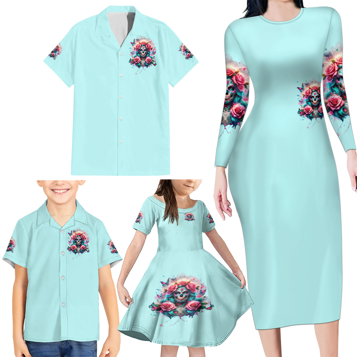Rose Skull Family Matching Long Sleeve Bodycon Dress and Hawaiian Shirt The Good Girl In Me Got Tired Of The Bullshit - Wonder Print Shop