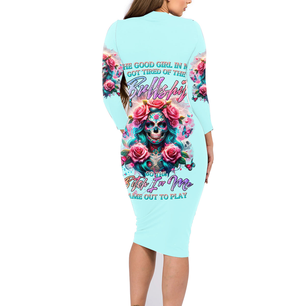 Rose Skull Family Matching Long Sleeve Bodycon Dress and Hawaiian Shirt The Good Girl In Me Got Tired Of The Bullshit - Wonder Print Shop