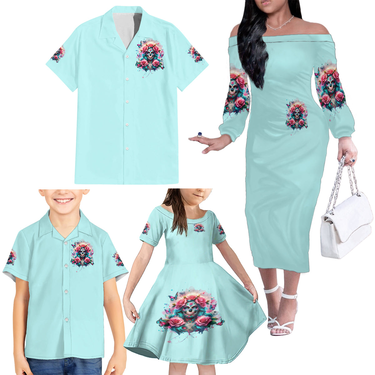 Rose Skull Family Matching Off Shoulder Long Sleeve Dress and Hawaiian Shirt The Good Girl In Me Got Tired Of The Bullshit - Wonder Print Shop