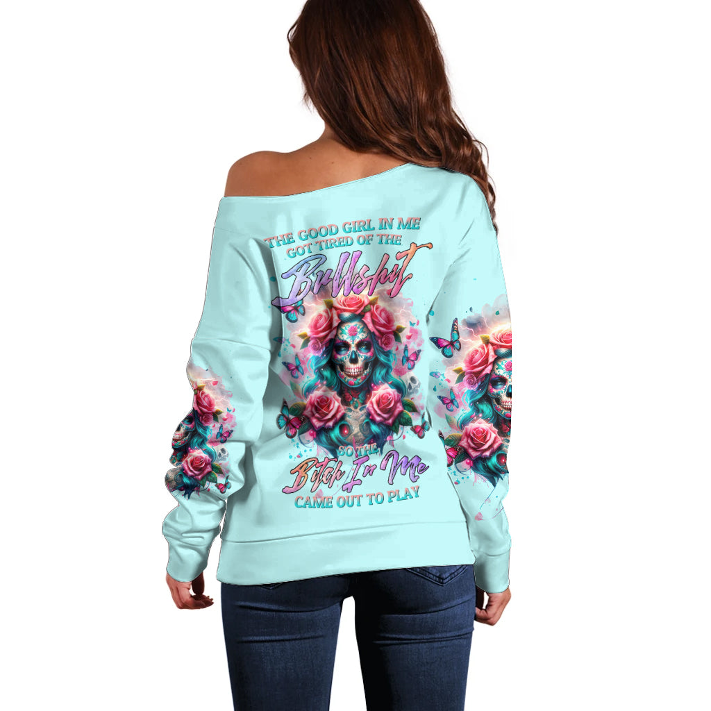 Rose Skull Off Shoulder Sweater The Good Girl In Me Got Tired Of The Bullshit - Wonder Print Shop