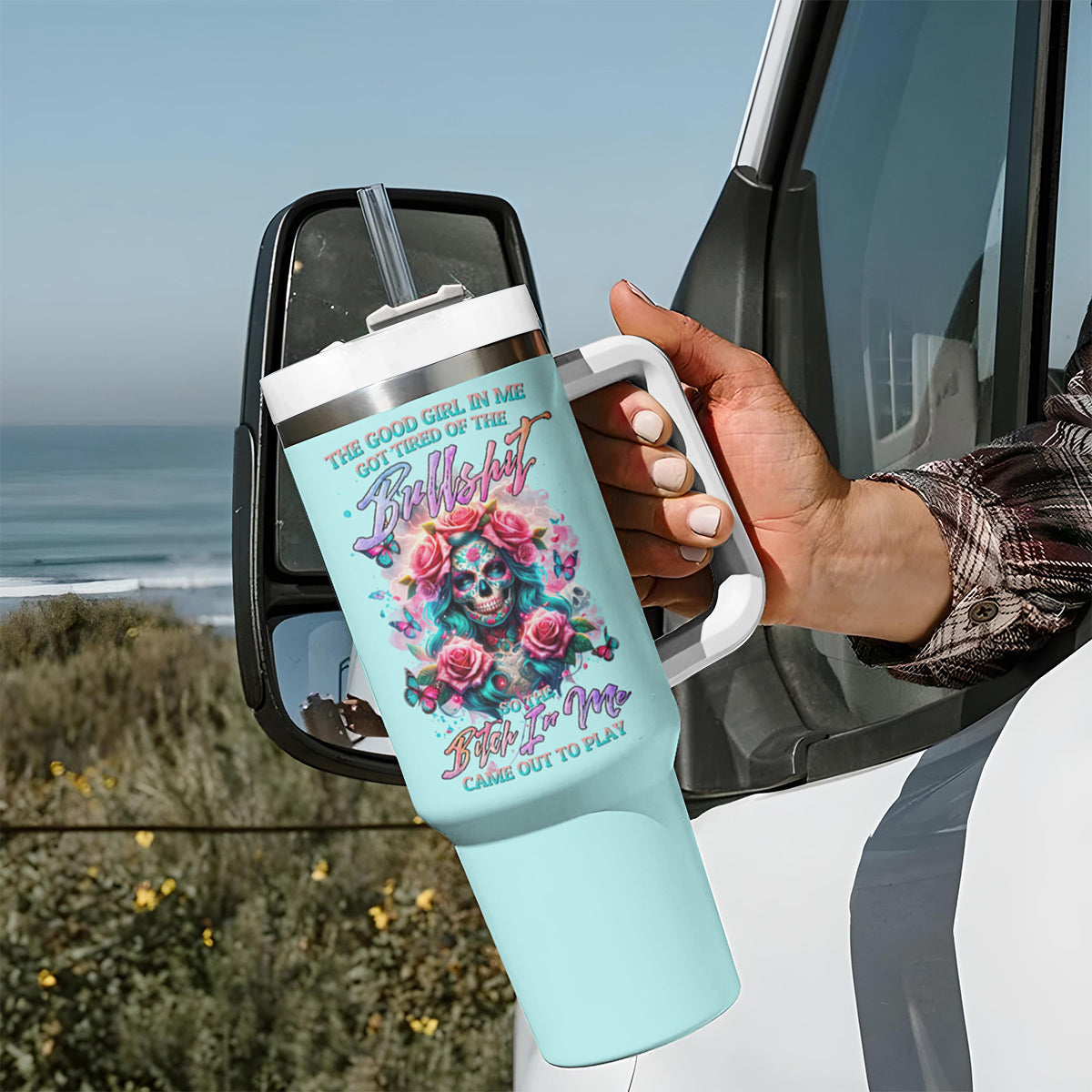 Rose Skull Tumbler With Handle The Good Girl In Me Got Tired Of The Bullshit - Wonder Print Shop