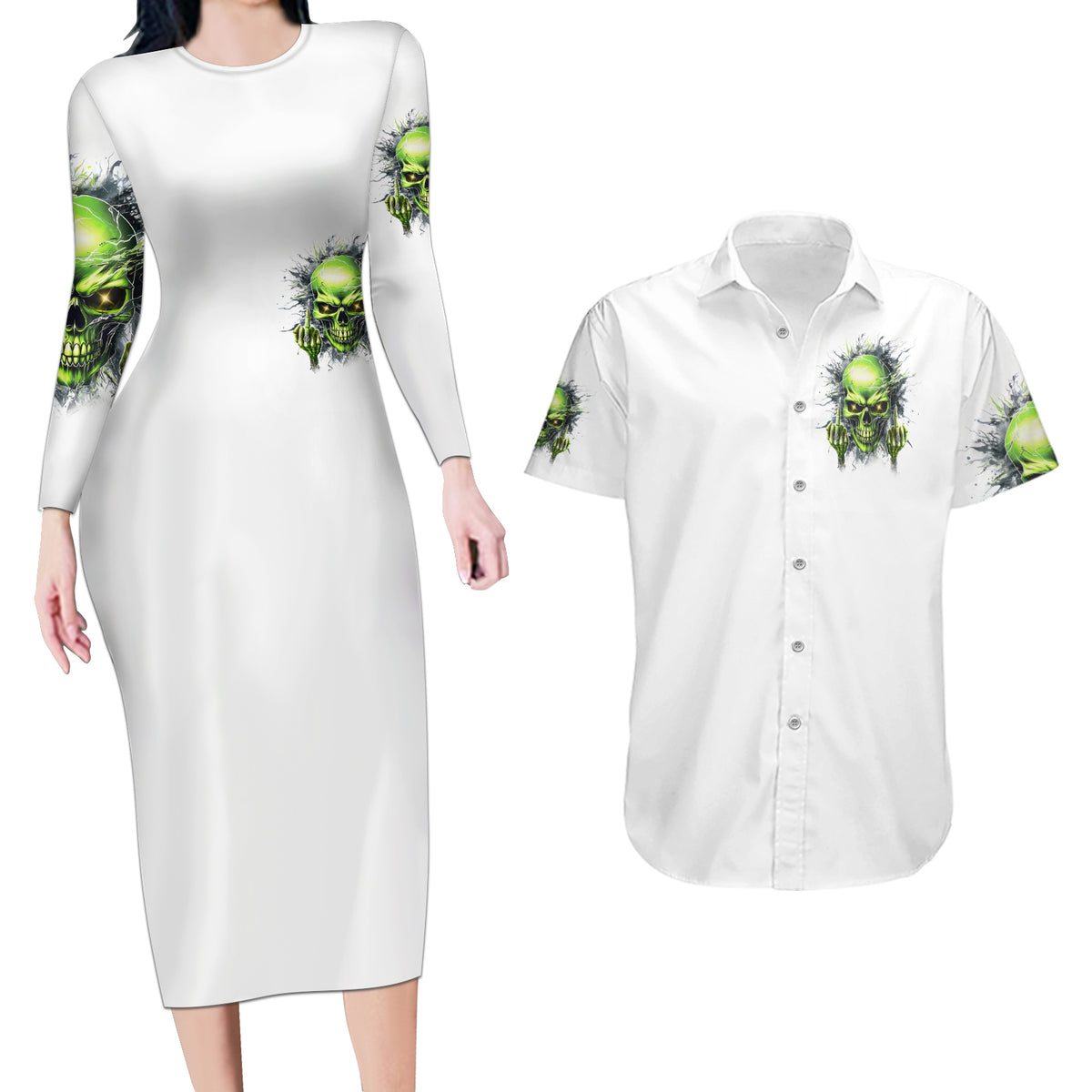 Thunder Skull Couples Matching Long Sleeve Bodycon Dress and Hawaiian Shirt The Demon Hide Under Your Bed Mine Hide Inside My Head - Wonder Print Shop