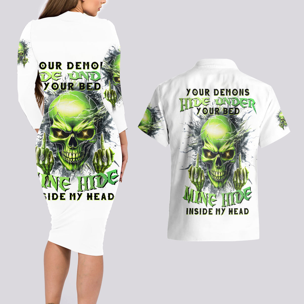 Thunder Skull Couples Matching Long Sleeve Bodycon Dress and Hawaiian Shirt The Demon Hide Under Your Bed Mine Hide Inside My Head - Wonder Print Shop