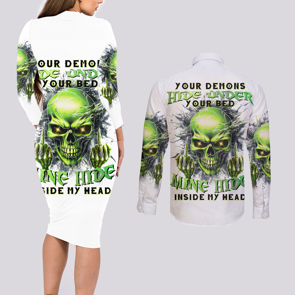 Thunder Skull Couples Matching Long Sleeve Bodycon Dress and Long Sleeve Button Shirt The Demon Hide Under Your Bed Mine Hide Inside My Head - Wonder Print Shop