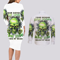 Thunder Skull Couples Matching Long Sleeve Bodycon Dress and Long Sleeve Button Shirt The Demon Hide Under Your Bed Mine Hide Inside My Head - Wonder Print Shop