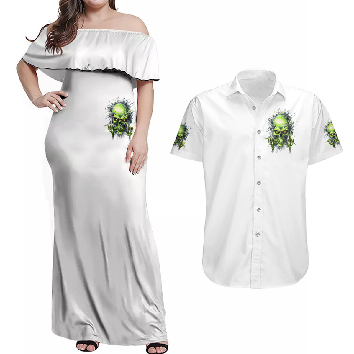 Thunder Skull Couples Matching Off Shoulder Maxi Dress and Hawaiian Shirt The Demon Hide Under Your Bed Mine Hide Inside My Head - Wonder Print Shop