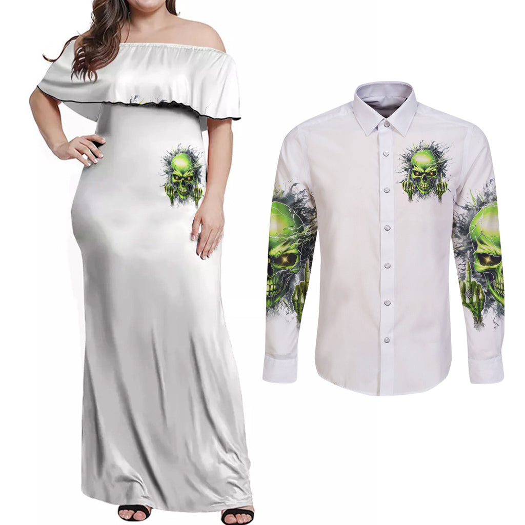 Thunder Skull Couples Matching Off Shoulder Maxi Dress and Long Sleeve Button Shirt The Demon Hide Under Your Bed Mine Hide Inside My Head - Wonder Print Shop