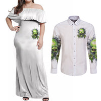 Thunder Skull Couples Matching Off Shoulder Maxi Dress and Long Sleeve Button Shirt The Demon Hide Under Your Bed Mine Hide Inside My Head - Wonder Print Shop