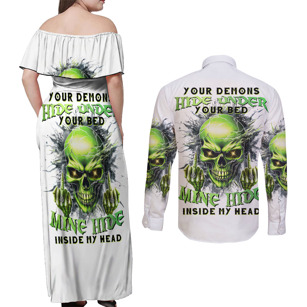 Thunder Skull Couples Matching Off Shoulder Maxi Dress and Long Sleeve Button Shirt The Demon Hide Under Your Bed Mine Hide Inside My Head - Wonder Print Shop