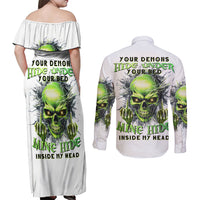 Thunder Skull Couples Matching Off Shoulder Maxi Dress and Long Sleeve Button Shirt The Demon Hide Under Your Bed Mine Hide Inside My Head - Wonder Print Shop