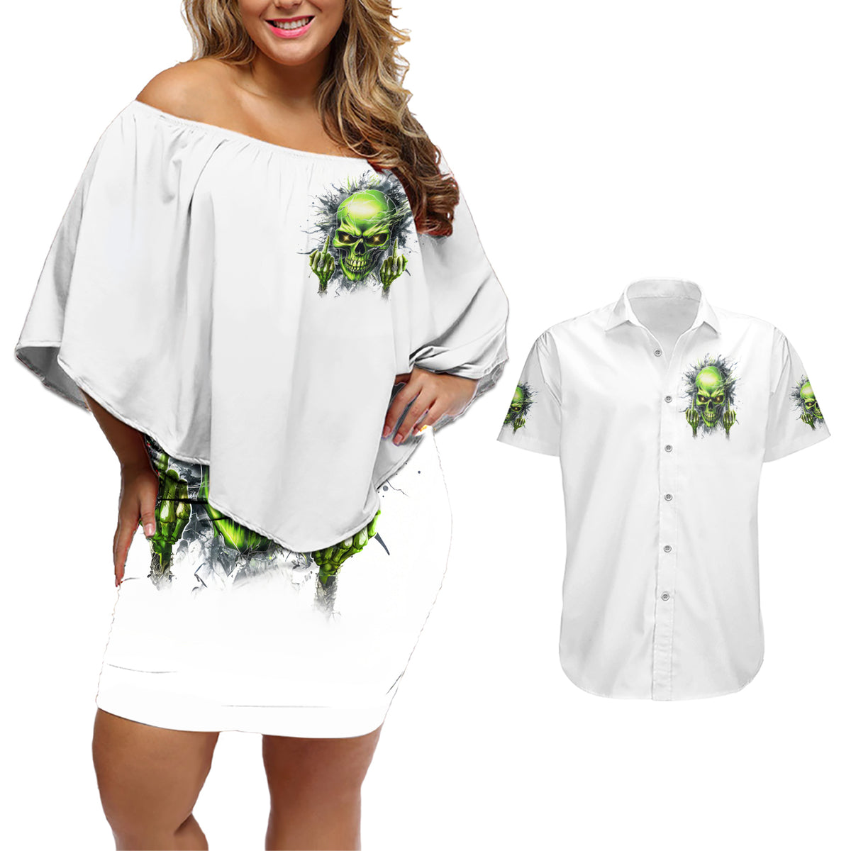 Thunder Skull Couples Matching Off Shoulder Short Dress and Hawaiian Shirt The Demon Hide Under Your Bed Mine Hide Inside My Head - Wonder Print Shop