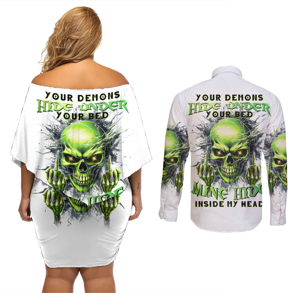 Thunder Skull Couples Matching Off Shoulder Short Dress and Long Sleeve Button Shirt The Demon Hide Under Your Bed Mine Hide Inside My Head - Wonder Print Shop