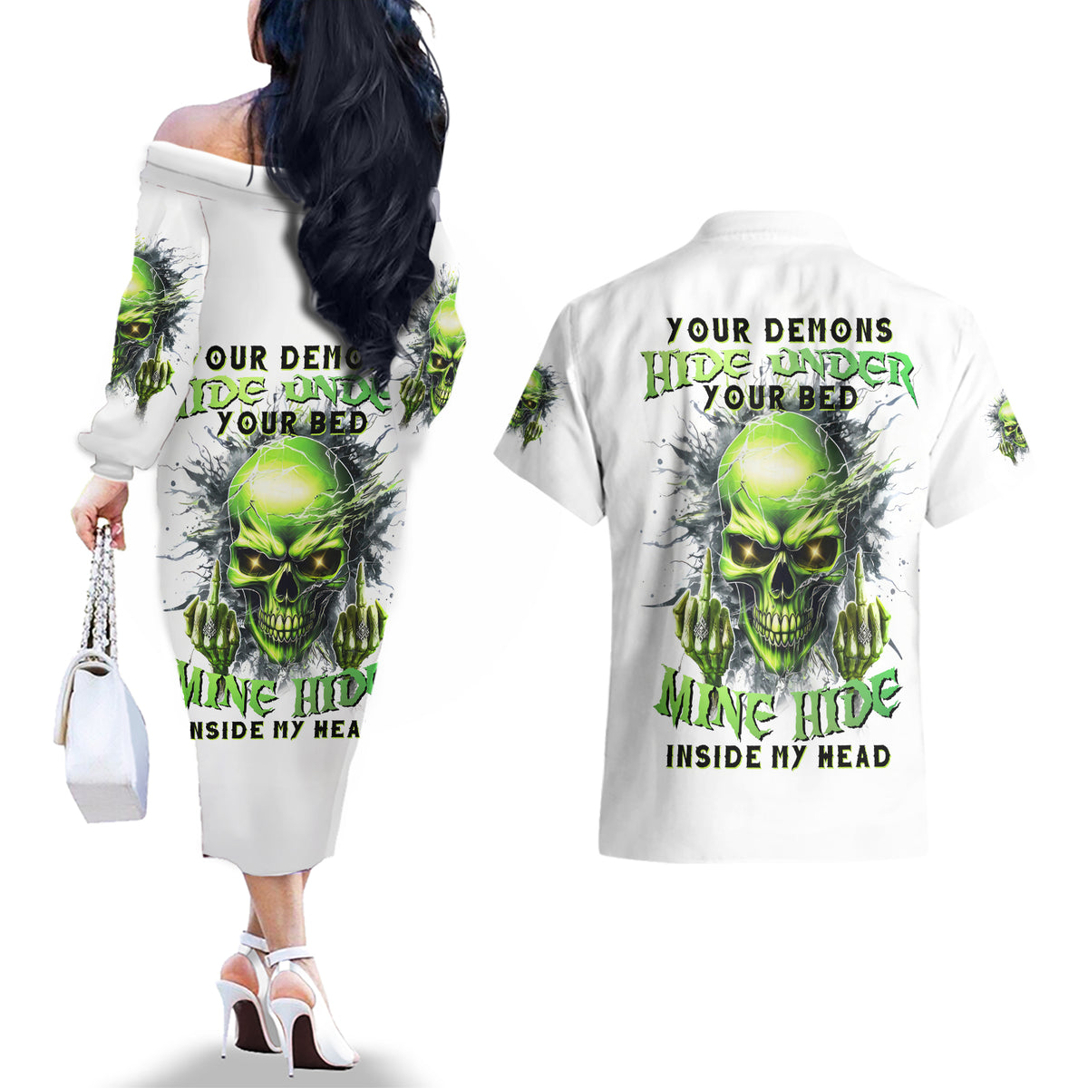 Thunder Skull Couples Matching Off The Shoulder Long Sleeve Dress and Hawaiian Shirt The Demon Hide Under Your Bed Mine Hide Inside My Head - Wonder Print Shop