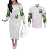 Thunder Skull Couples Matching Off The Shoulder Long Sleeve Dress and Long Sleeve Button Shirt The Demon Hide Under Your Bed Mine Hide Inside My Head
