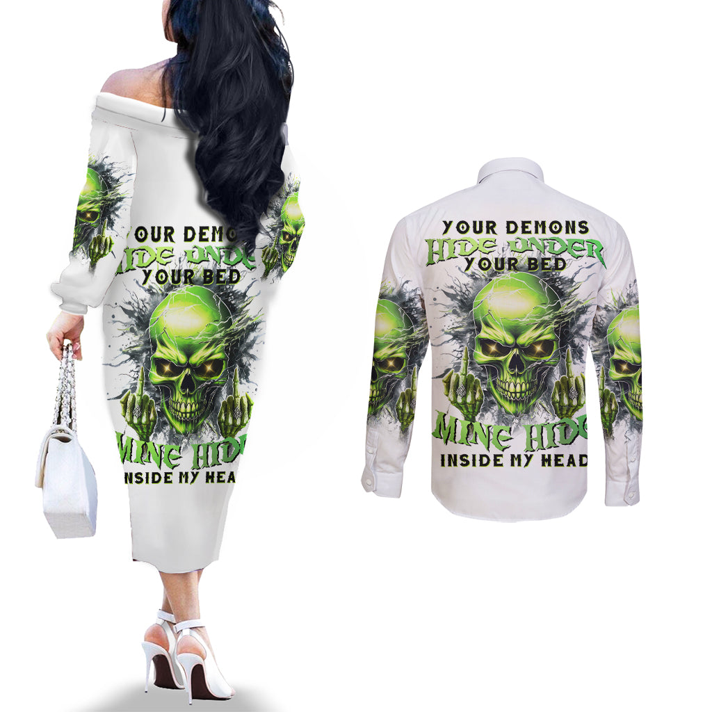 Thunder Skull Couples Matching Off The Shoulder Long Sleeve Dress and Long Sleeve Button Shirt The Demon Hide Under Your Bed Mine Hide Inside My Head