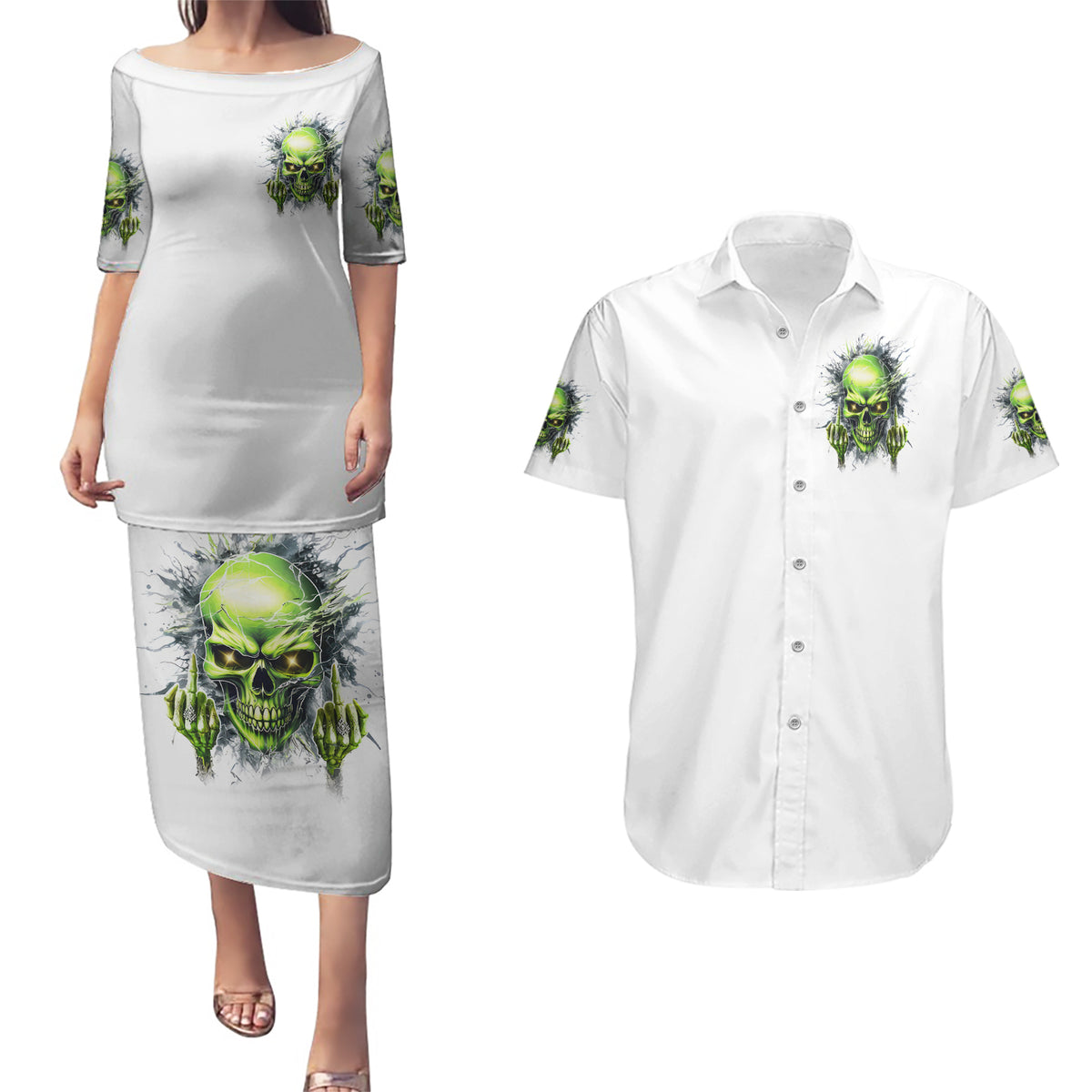 Thunder Skull Couples Matching Puletasi and Hawaiian Shirt The Demon Hide Under Your Bed Mine Hide Inside My Head - Wonder Print Shop
