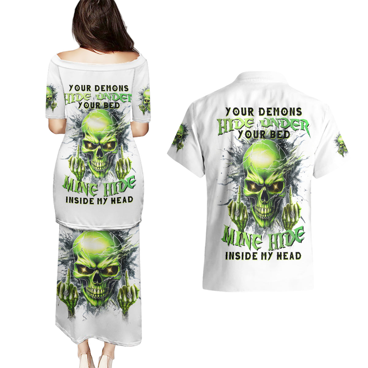 Thunder Skull Couples Matching Puletasi and Hawaiian Shirt The Demon Hide Under Your Bed Mine Hide Inside My Head - Wonder Print Shop