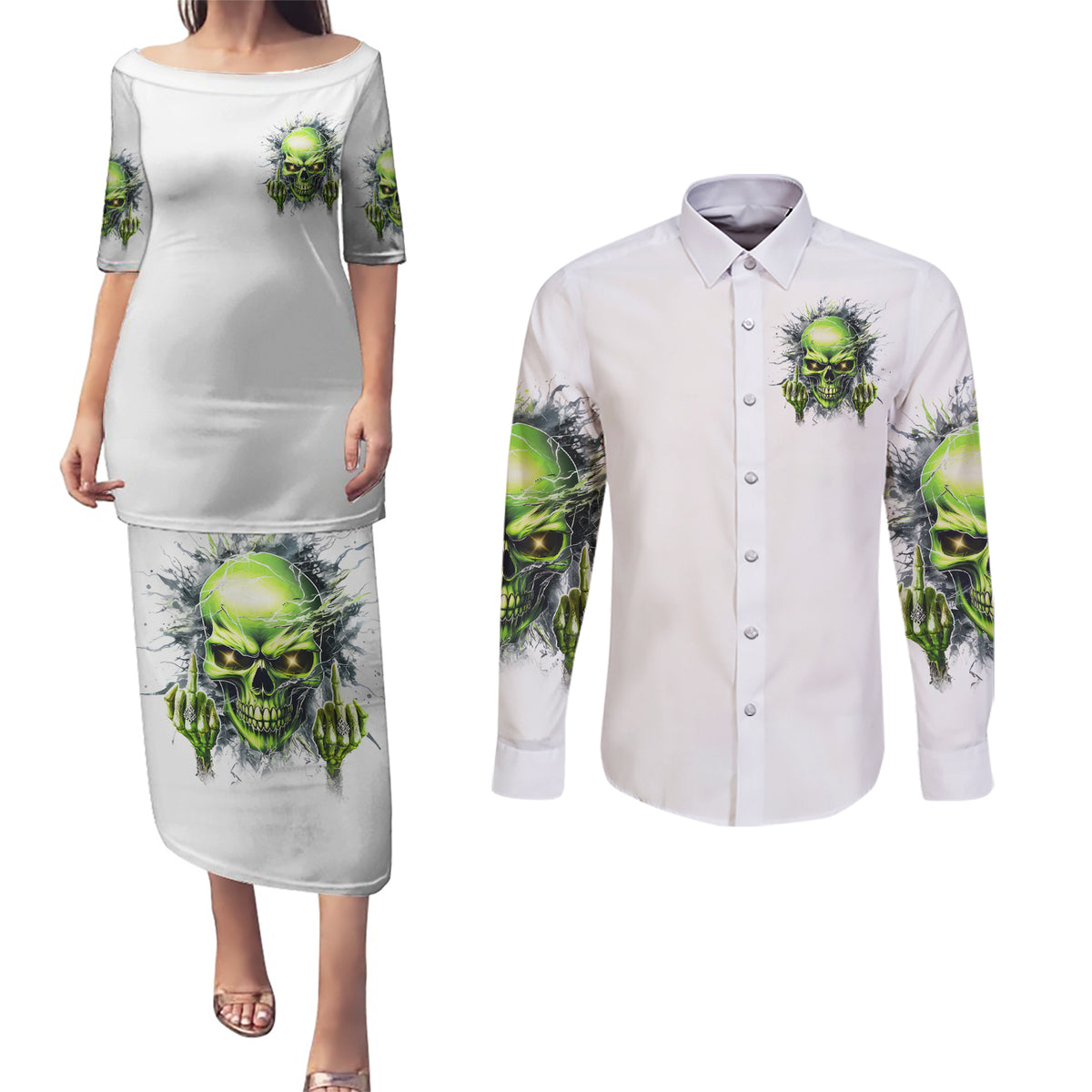 Thunder Skull Couples Matching Puletasi and Long Sleeve Button Shirt The Demon Hide Under Your Bed Mine Hide Inside My Head - Wonder Print Shop