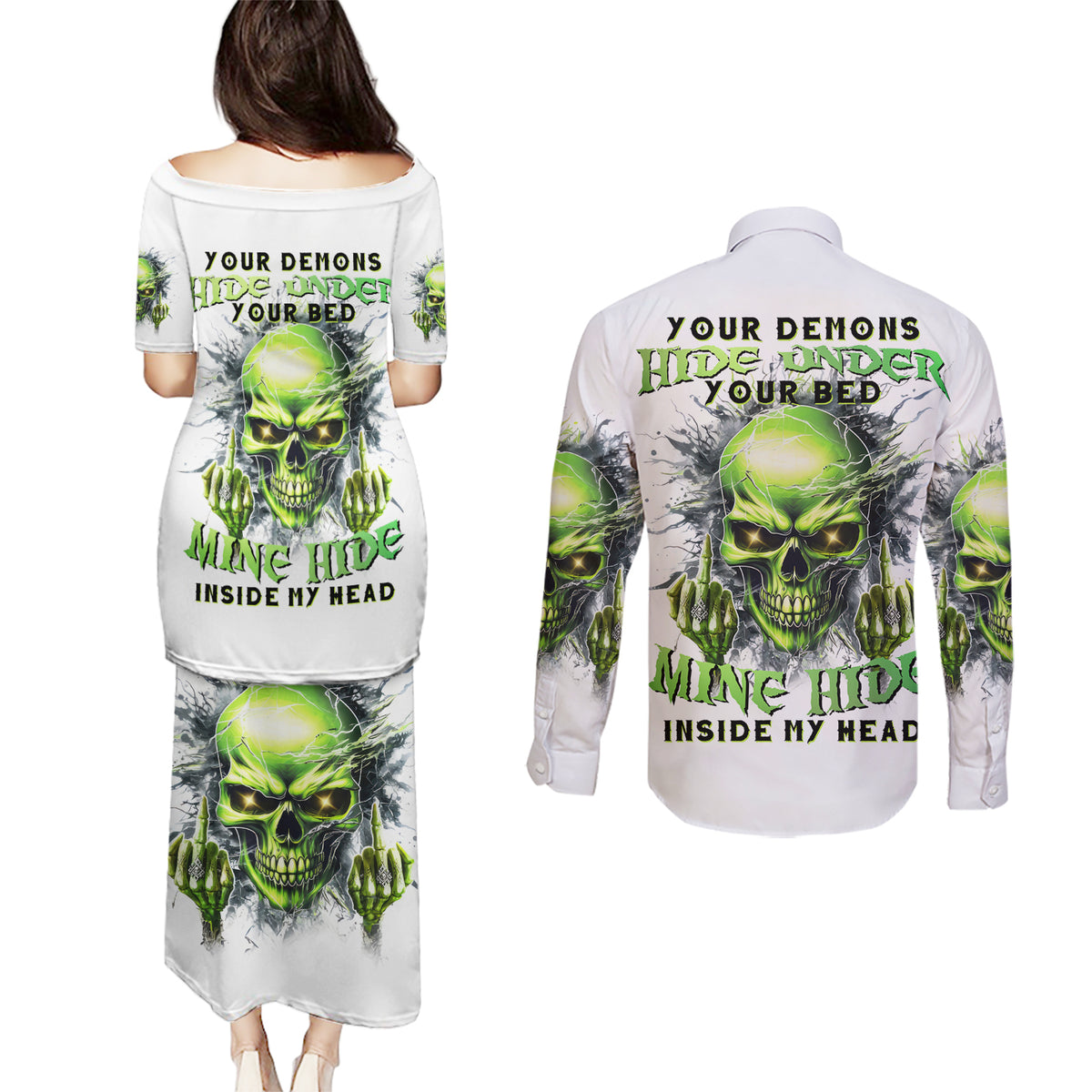 Thunder Skull Couples Matching Puletasi and Long Sleeve Button Shirt The Demon Hide Under Your Bed Mine Hide Inside My Head - Wonder Print Shop