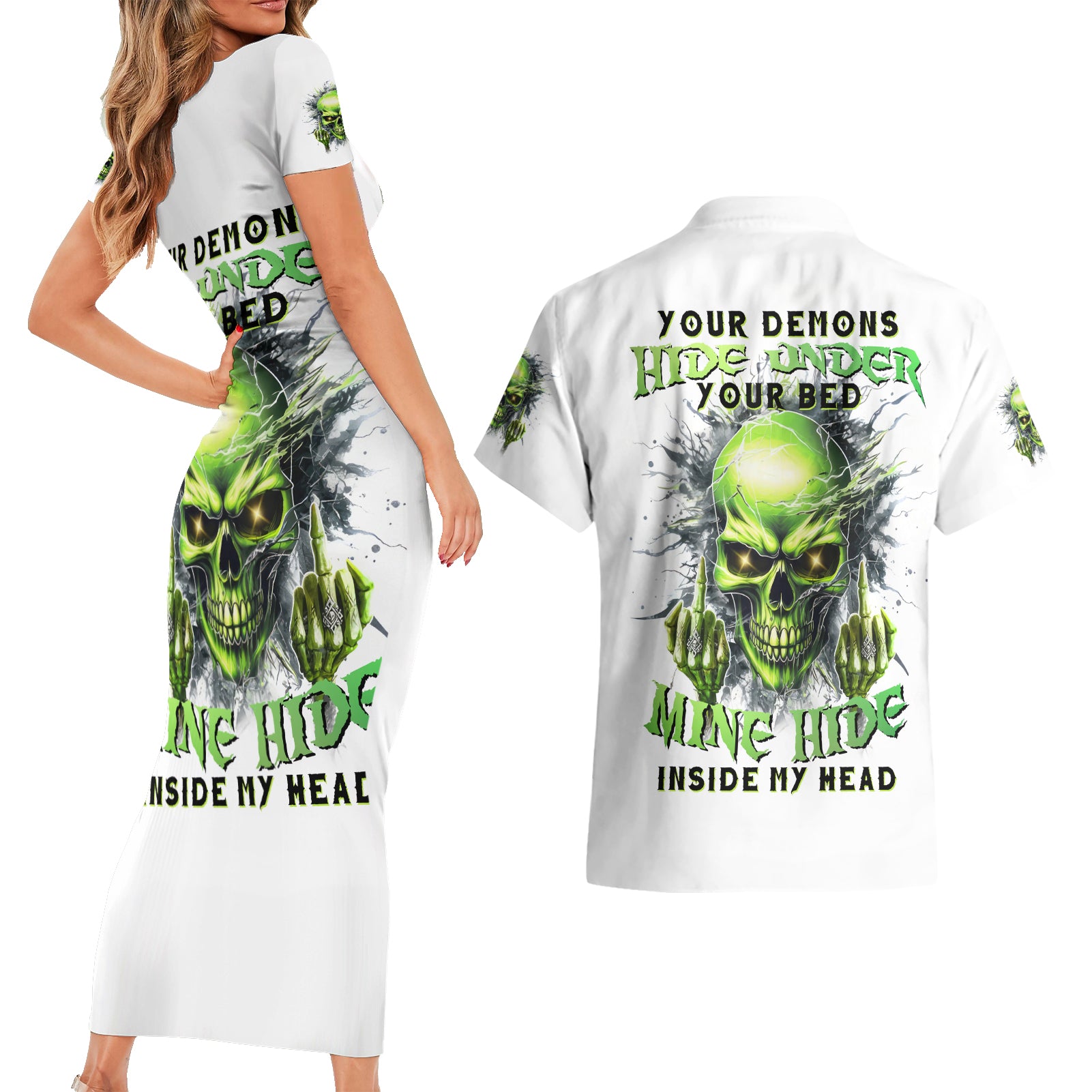 Thunder Skull Couples Matching Short Sleeve Bodycon Dress and Hawaiian Shirt The Demon Hide Under Your Bed Mine Hide Inside My Head - Wonder Print Shop