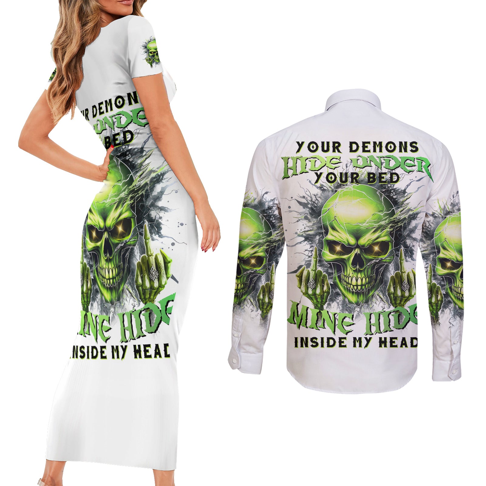 Thunder Skull Couples Matching Short Sleeve Bodycon Dress and Long Sleeve Button Shirt The Demon Hide Under Your Bed Mine Hide Inside My Head - Wonder Print Shop