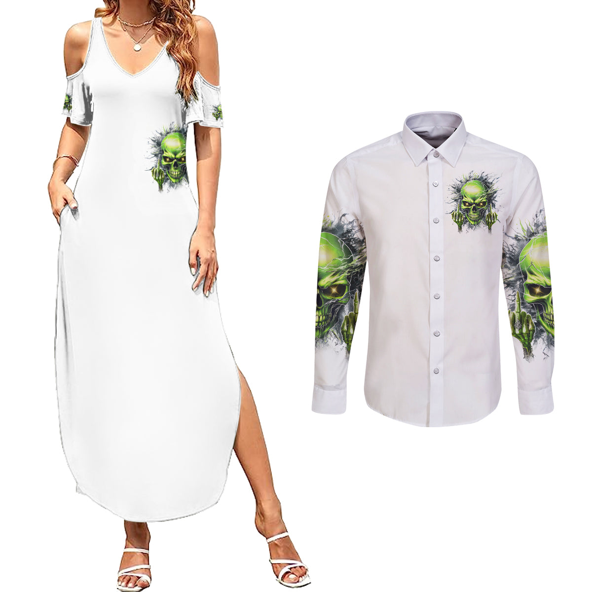 Thunder Skull Couples Matching Summer Maxi Dress and Long Sleeve Button Shirt The Demon Hide Under Your Bed Mine Hide Inside My Head - Wonder Print Shop