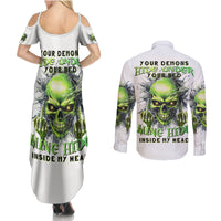 Thunder Skull Couples Matching Summer Maxi Dress and Long Sleeve Button Shirt The Demon Hide Under Your Bed Mine Hide Inside My Head - Wonder Print Shop