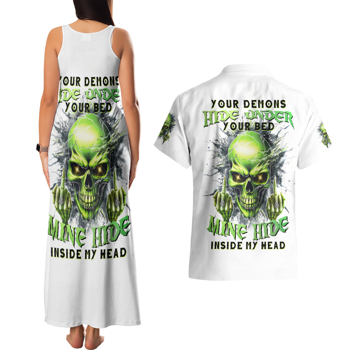 Thunder Skull Couples Matching Tank Maxi Dress and Hawaiian Shirt The Demon Hide Under Your Bed Mine Hide Inside My Head - Wonder Print Shop