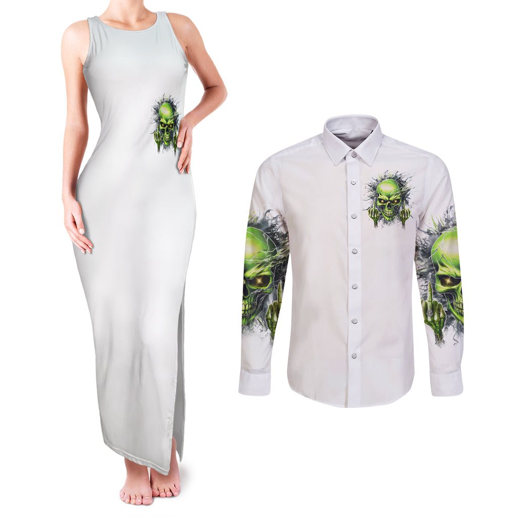Thunder Skull Couples Matching Tank Maxi Dress and Long Sleeve Button Shirt The Demon Hide Under Your Bed Mine Hide Inside My Head - Wonder Print Shop