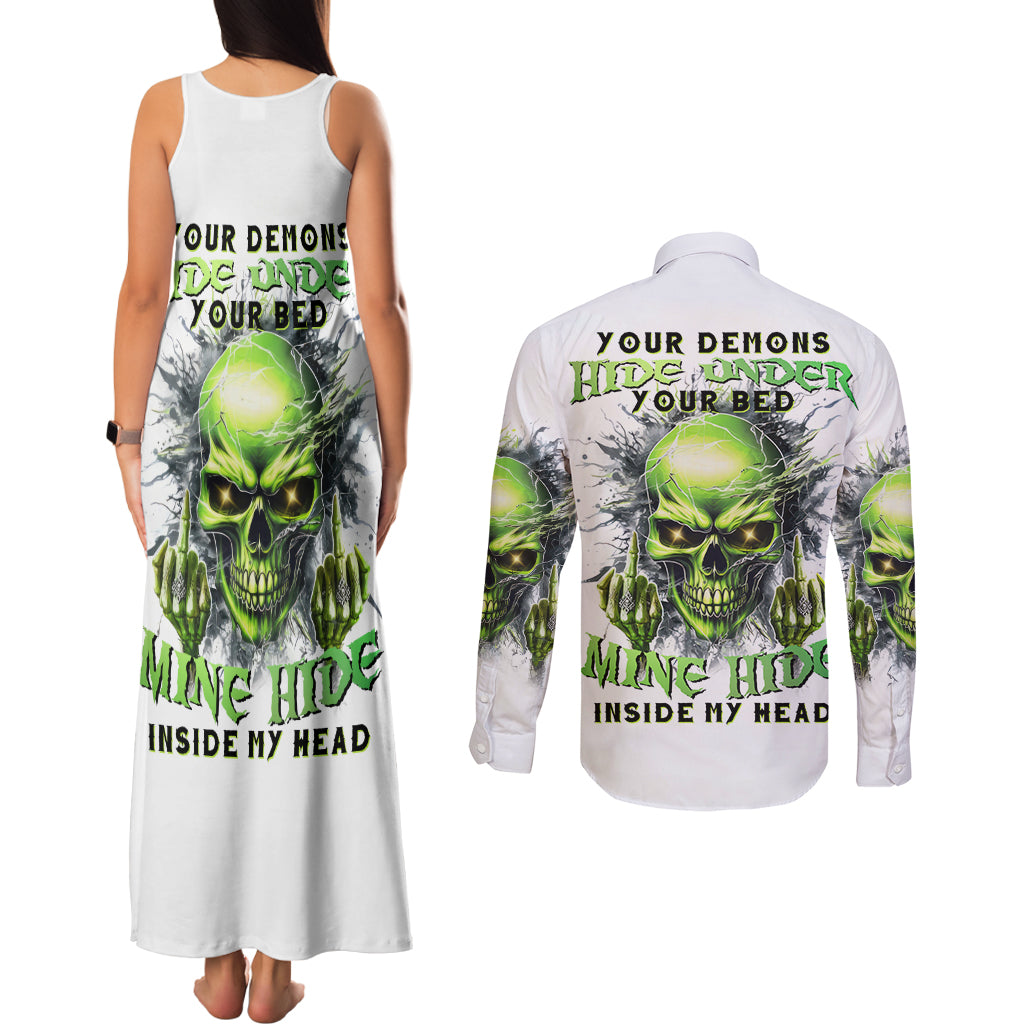 Thunder Skull Couples Matching Tank Maxi Dress and Long Sleeve Button Shirt The Demon Hide Under Your Bed Mine Hide Inside My Head - Wonder Print Shop