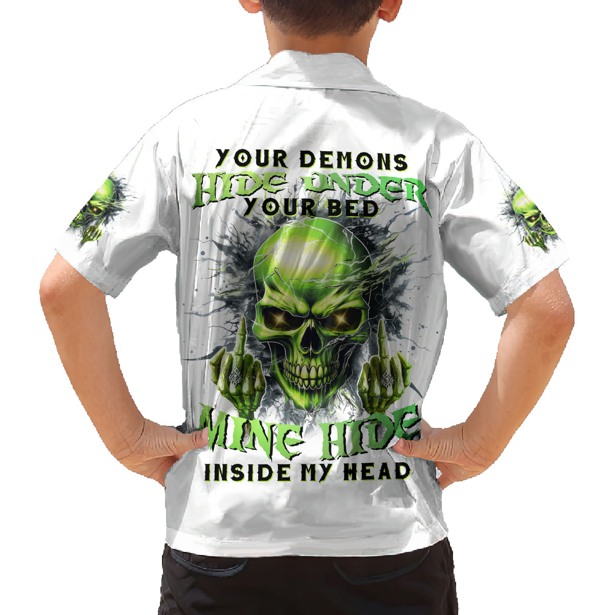 Thunder Skull Family Matching Long Sleeve Bodycon Dress and Hawaiian Shirt The Demon Hide Under Your Bed Mine Hide Inside My Head - Wonder Print Shop