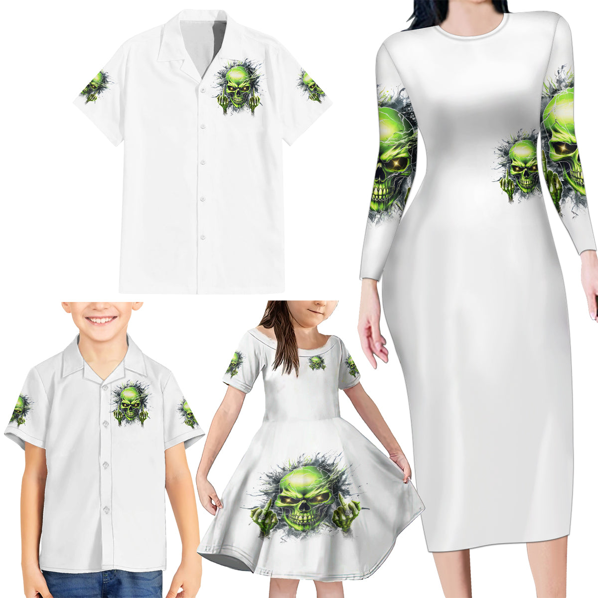 Thunder Skull Family Matching Long Sleeve Bodycon Dress and Hawaiian Shirt The Demon Hide Under Your Bed Mine Hide Inside My Head - Wonder Print Shop