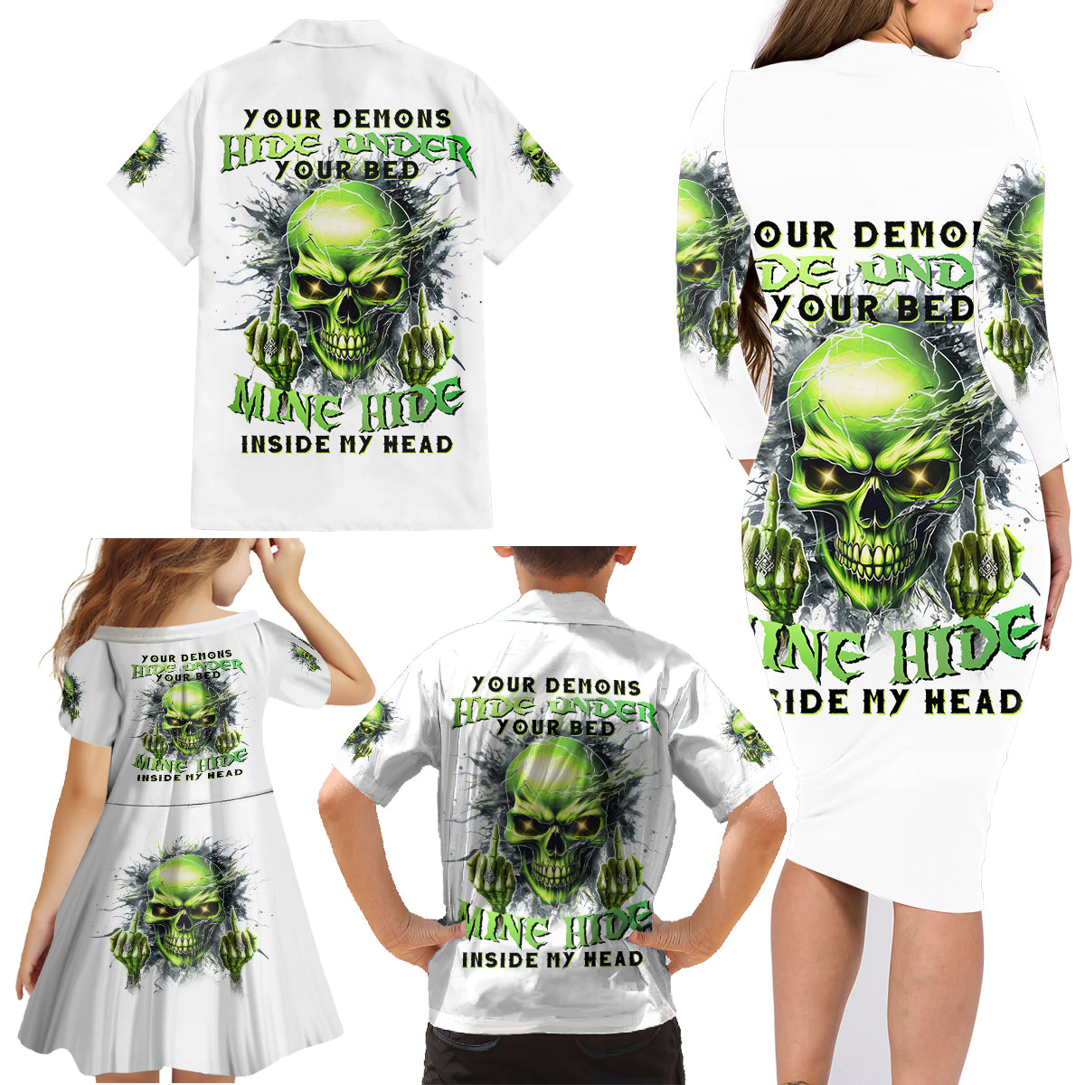 Thunder Skull Family Matching Long Sleeve Bodycon Dress and Hawaiian Shirt The Demon Hide Under Your Bed Mine Hide Inside My Head - Wonder Print Shop