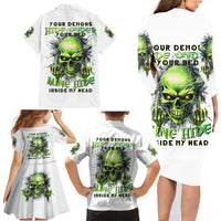 Thunder Skull Family Matching Long Sleeve Bodycon Dress and Hawaiian Shirt The Demon Hide Under Your Bed Mine Hide Inside My Head - Wonder Print Shop
