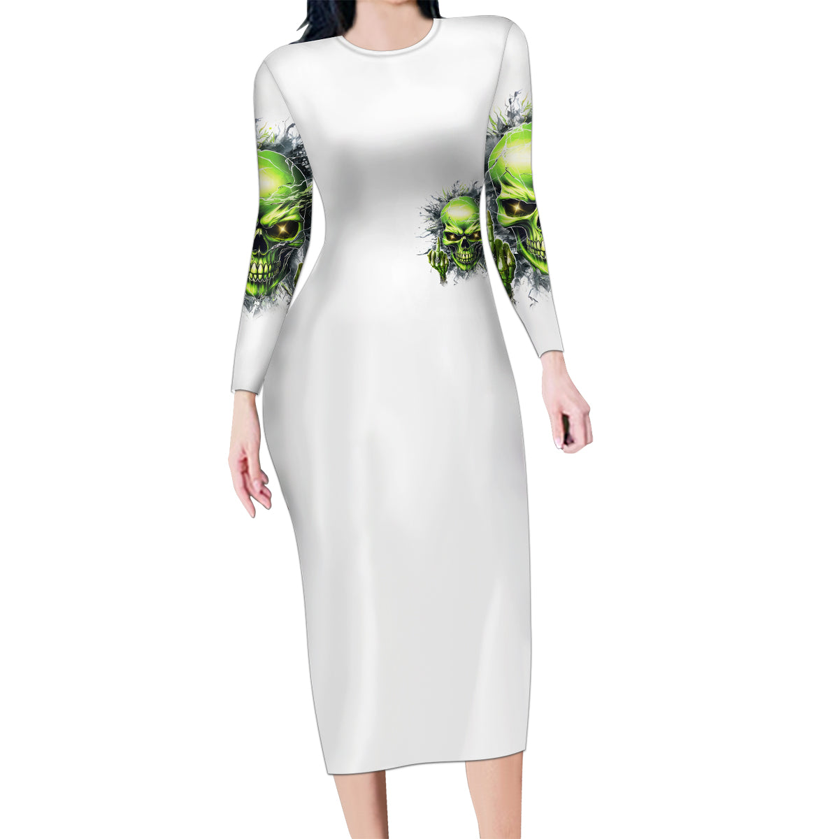 Thunder Skull Family Matching Long Sleeve Bodycon Dress and Hawaiian Shirt The Demon Hide Under Your Bed Mine Hide Inside My Head - Wonder Print Shop