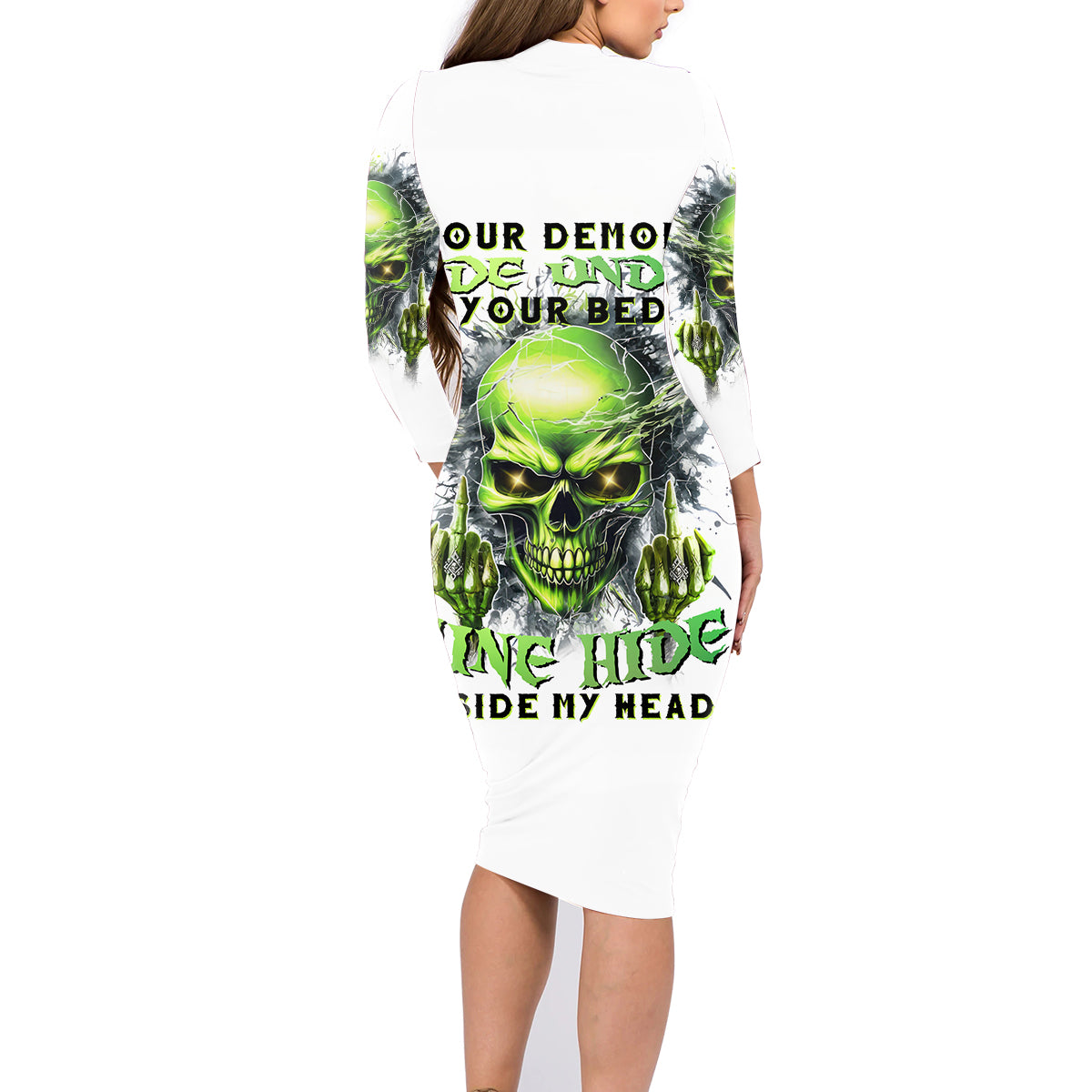 Thunder Skull Family Matching Long Sleeve Bodycon Dress and Hawaiian Shirt The Demon Hide Under Your Bed Mine Hide Inside My Head - Wonder Print Shop