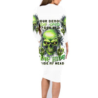 Thunder Skull Family Matching Long Sleeve Bodycon Dress and Hawaiian Shirt The Demon Hide Under Your Bed Mine Hide Inside My Head - Wonder Print Shop
