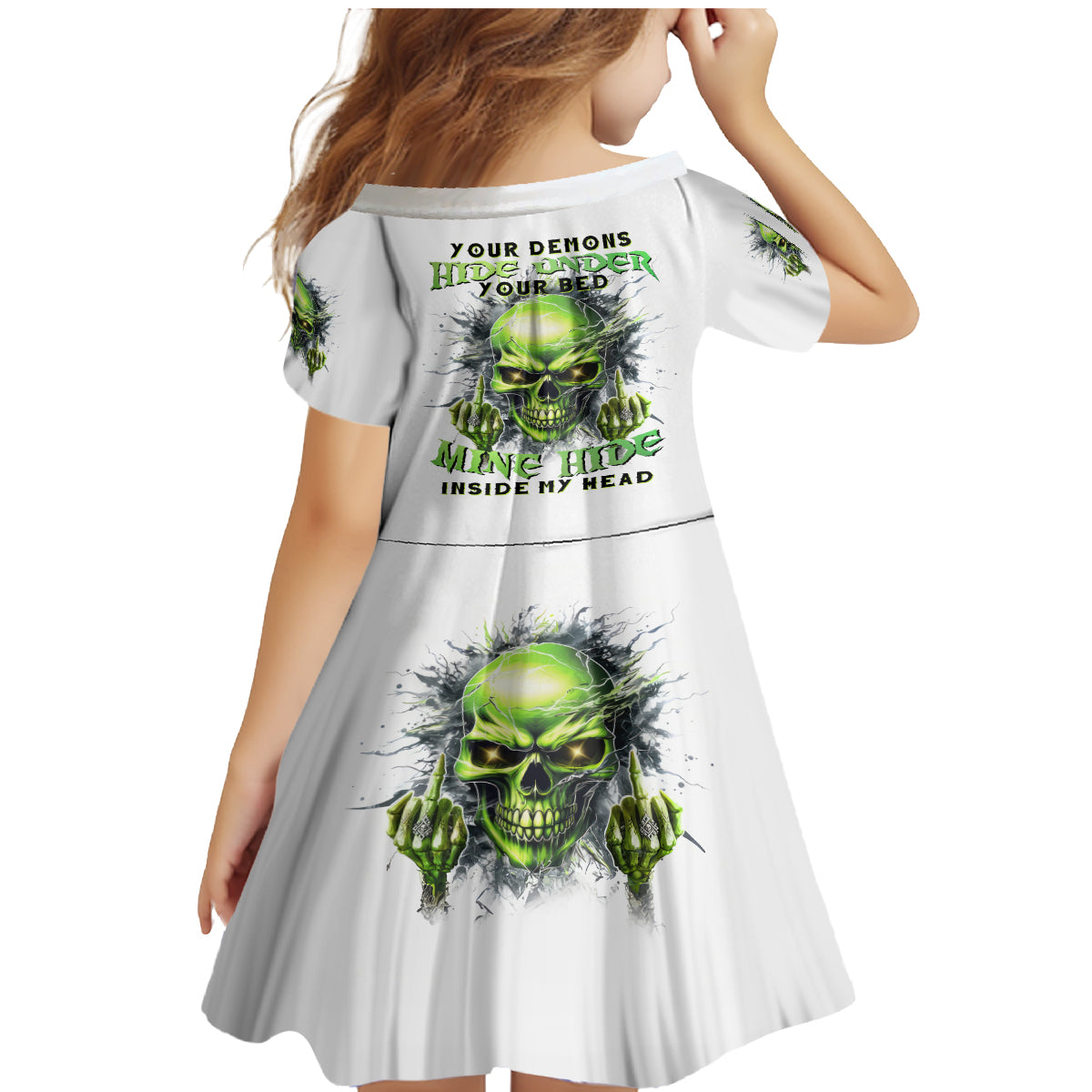 Thunder Skull Family Matching Mermaid Dress and Hawaiian Shirt The Demon Hide Under Your Bed Mine Hide Inside My Head - Wonder Print Shop