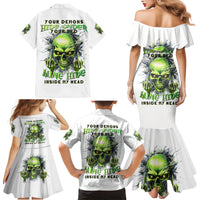 Thunder Skull Family Matching Mermaid Dress and Hawaiian Shirt The Demon Hide Under Your Bed Mine Hide Inside My Head - Wonder Print Shop