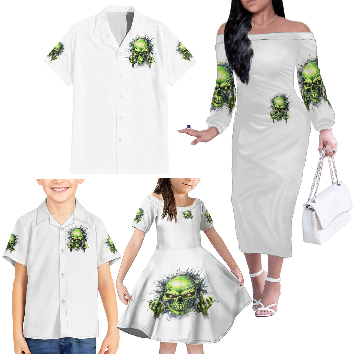 Thunder Skull Family Matching Off Shoulder Long Sleeve Dress and Hawaiian Shirt The Demon Hide Under Your Bed Mine Hide Inside My Head - Wonder Print Shop