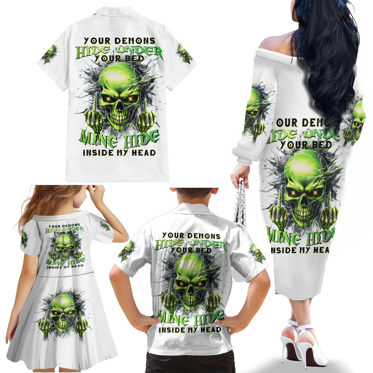 Thunder Skull Family Matching Off Shoulder Long Sleeve Dress and Hawaiian Shirt The Demon Hide Under Your Bed Mine Hide Inside My Head - Wonder Print Shop
