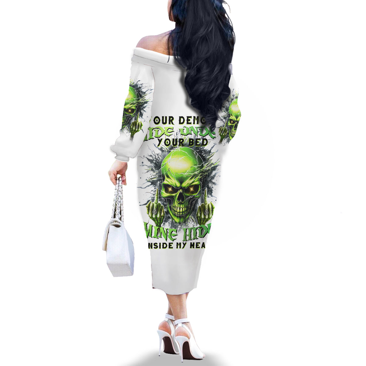 Thunder Skull Family Matching Off Shoulder Long Sleeve Dress and Hawaiian Shirt The Demon Hide Under Your Bed Mine Hide Inside My Head - Wonder Print Shop