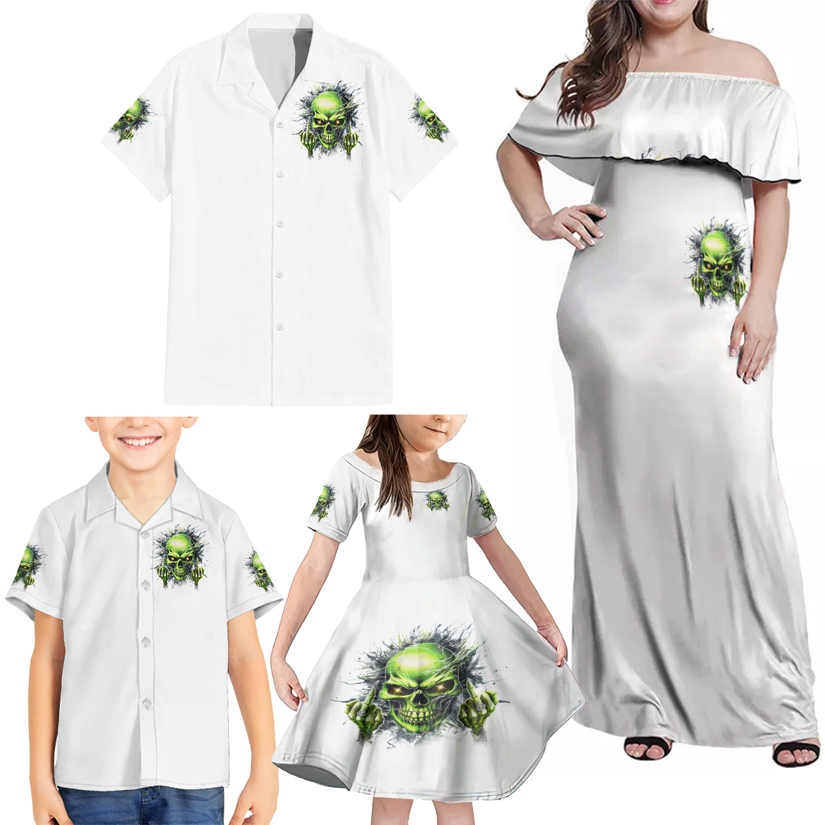 Thunder Skull Family Matching Off Shoulder Maxi Dress and Hawaiian Shirt The Demon Hide Under Your Bed Mine Hide Inside My Head - Wonder Print Shop