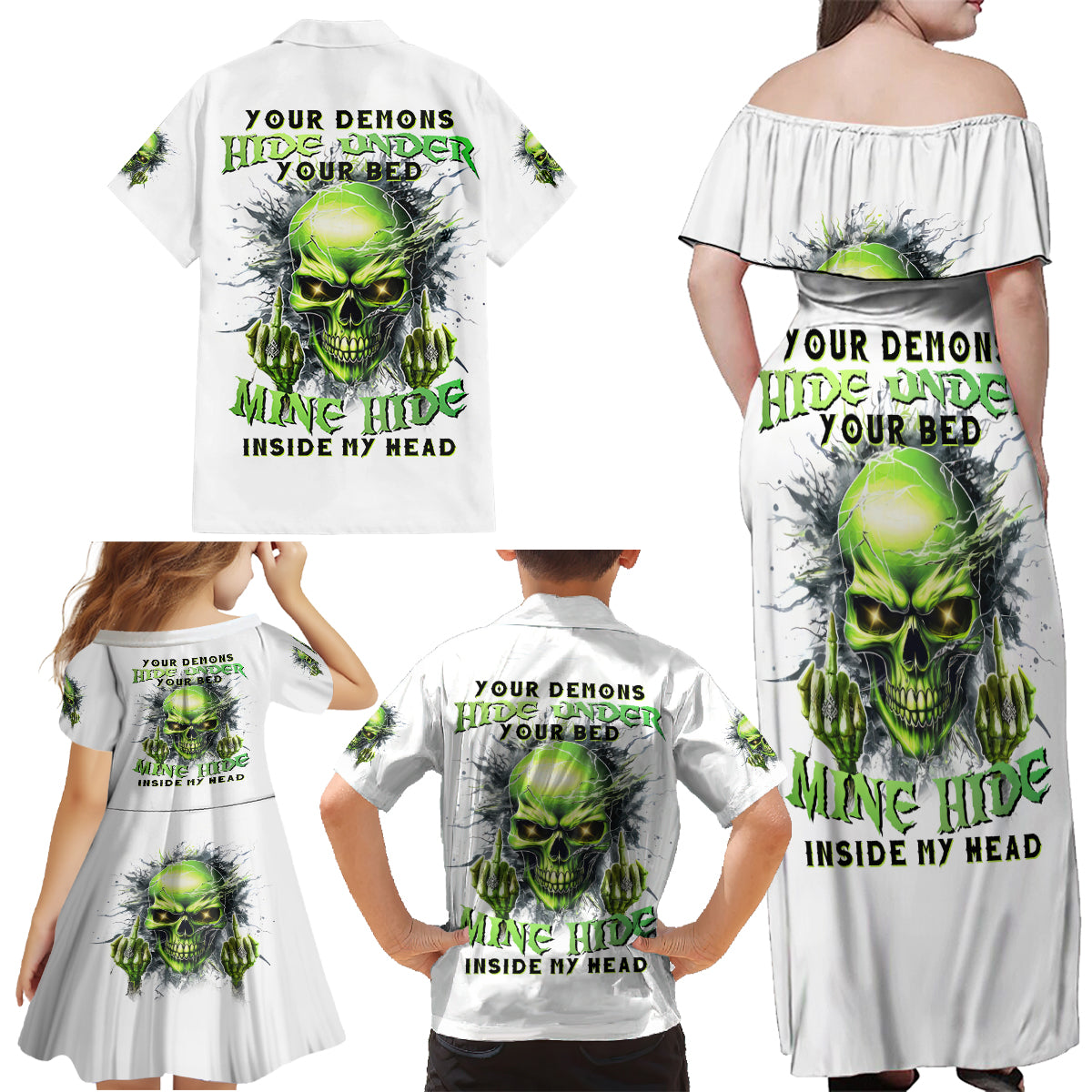 Thunder Skull Family Matching Off Shoulder Maxi Dress and Hawaiian Shirt The Demon Hide Under Your Bed Mine Hide Inside My Head - Wonder Print Shop