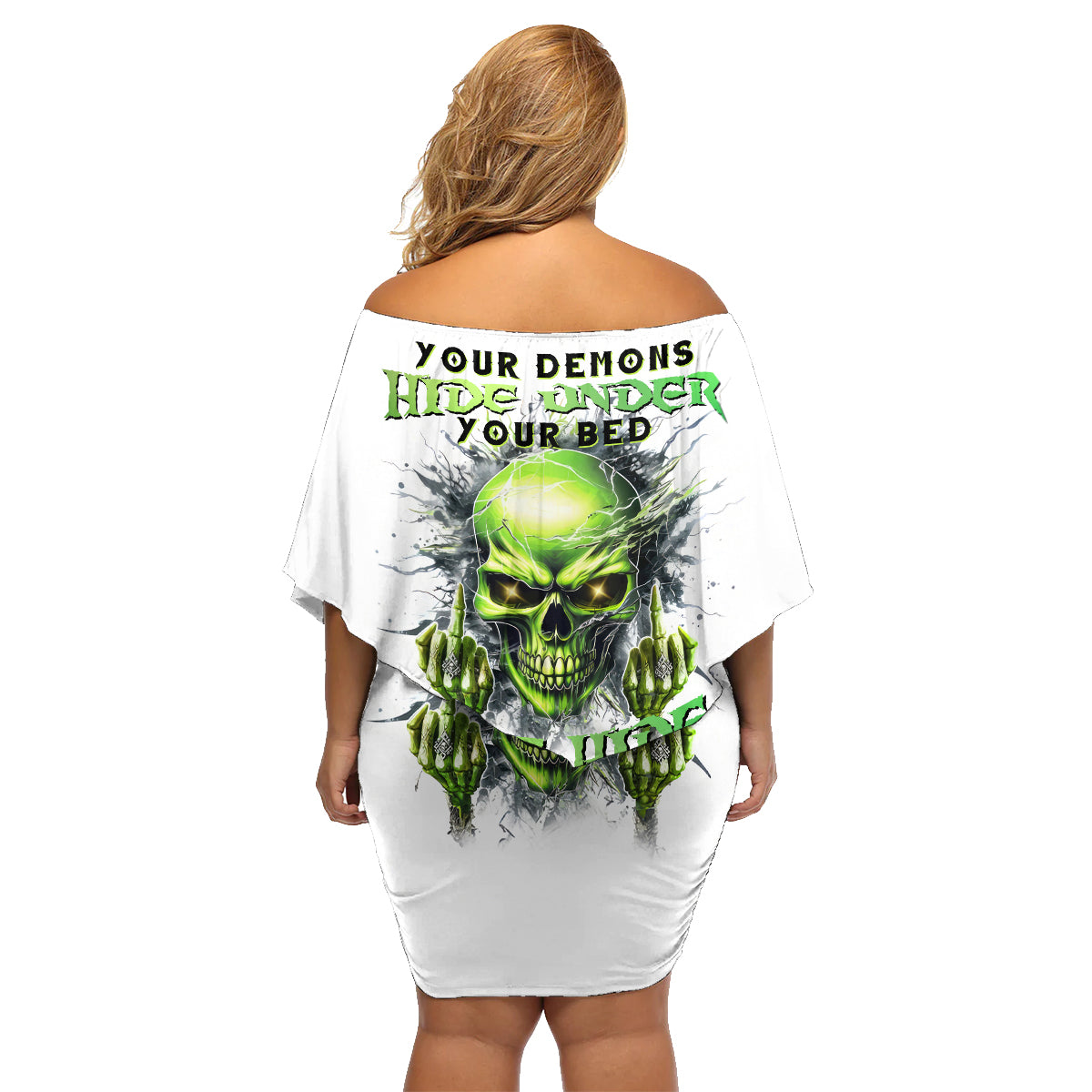 Thunder Skull Family Matching Off Shoulder Short Dress and Hawaiian Shirt The Demon Hide Under Your Bed Mine Hide Inside My Head - Wonder Print Shop